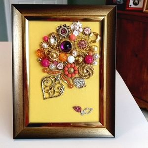 Artisan wall art decor vintage jewelry art mixed media framed!